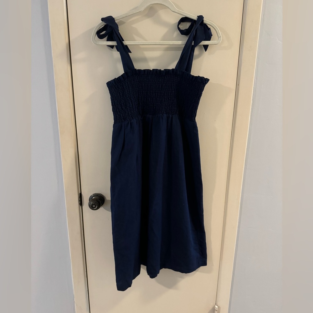 Sezane Navy Smocked Linen Blend Dress size 38 (6)